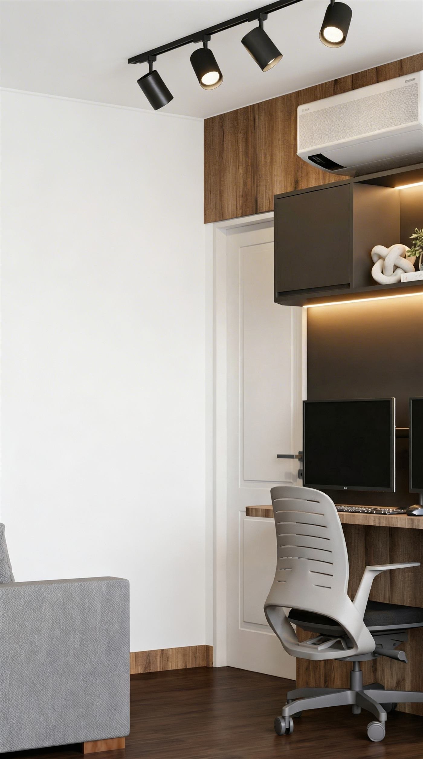 Concepção do home office, com estante iluminada, marcenaria em preto e madeira