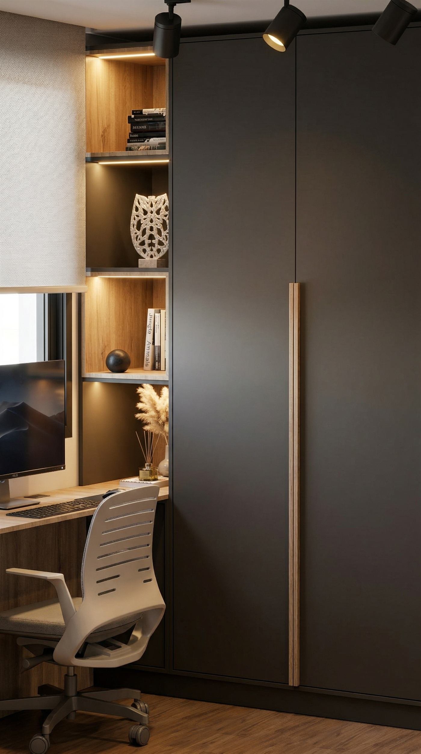 Concepção do home office com guarda-roupa preto ao lado da estante