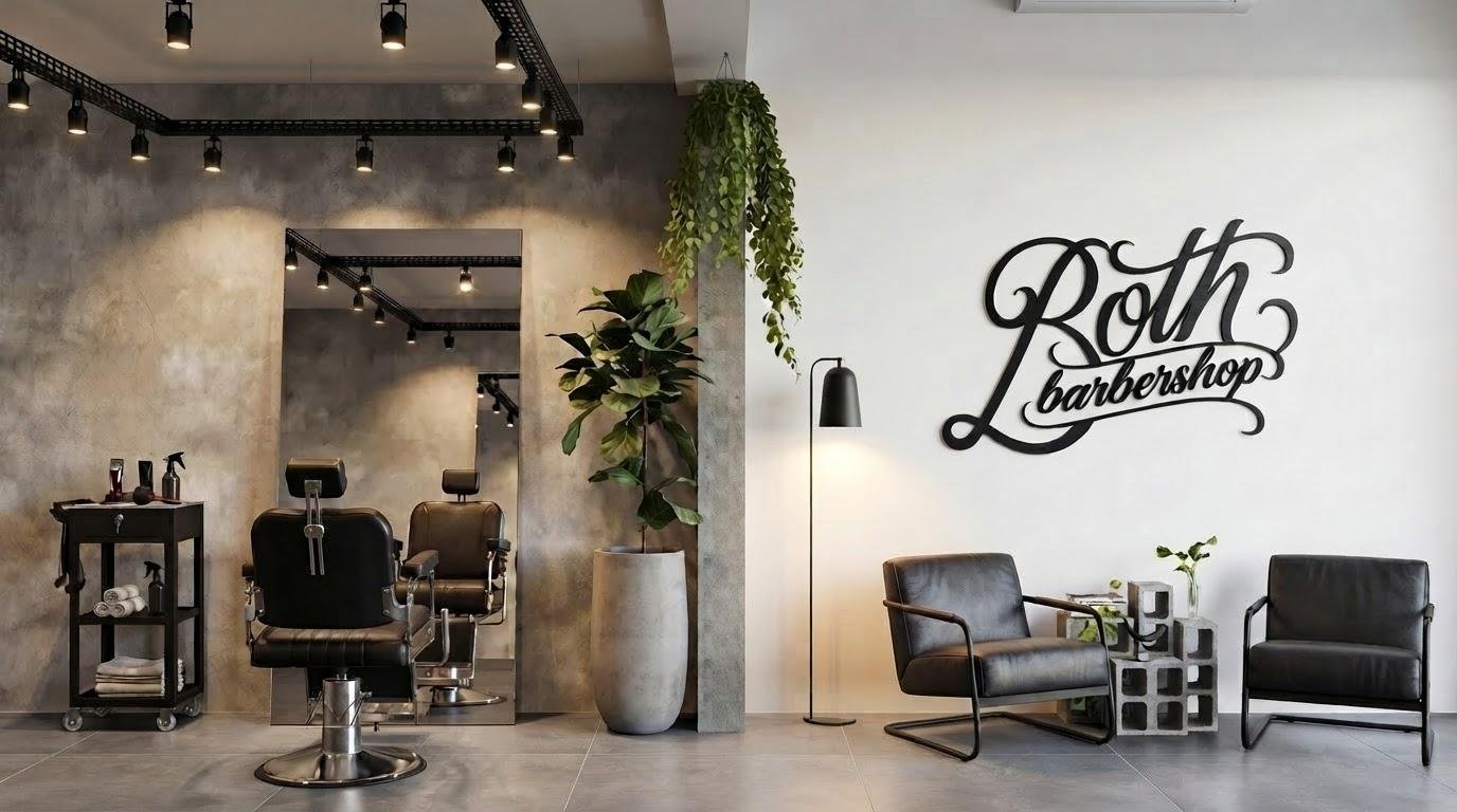 Render da área principal, poltronas de barbeiro, espelho e parede assinada Both Barbershop