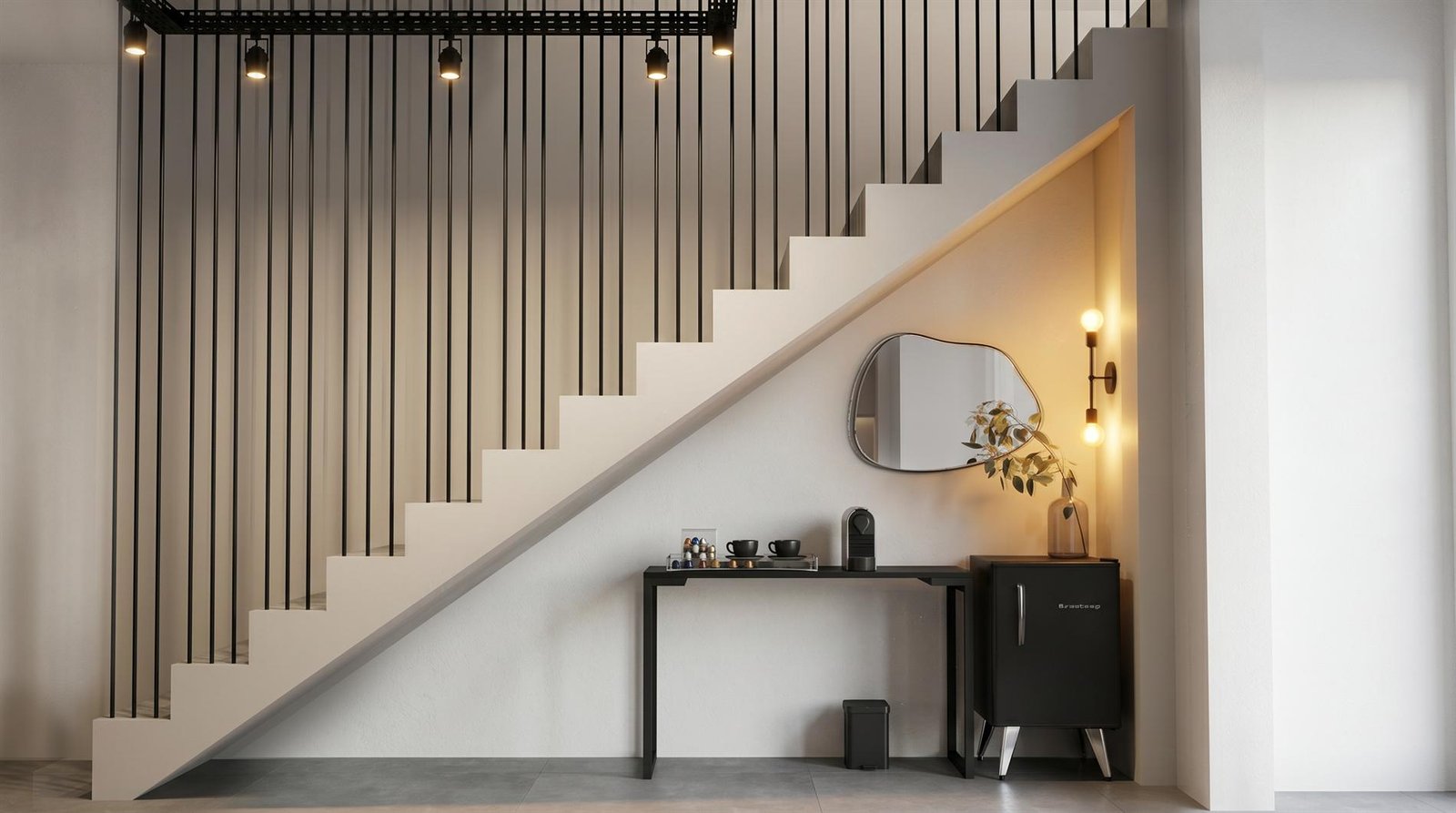 Render da escada e do cantinho de café sob o mezanino