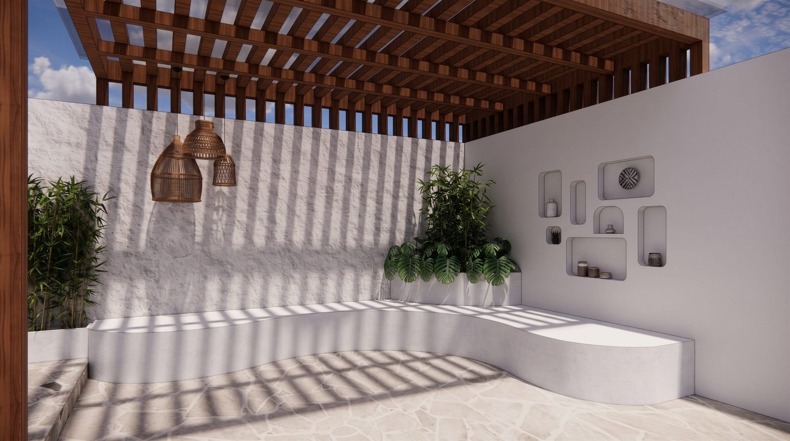 Concepção do pátio do Studio Fire Model, pergolado de madeira com luz recortada e banco curvo