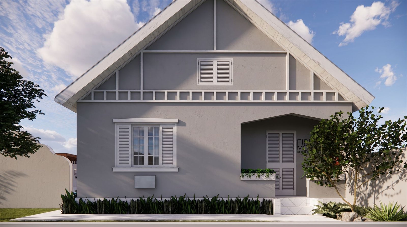 Concepção da fachada da casa, com friso branco e letreiro Fire Model na entrada