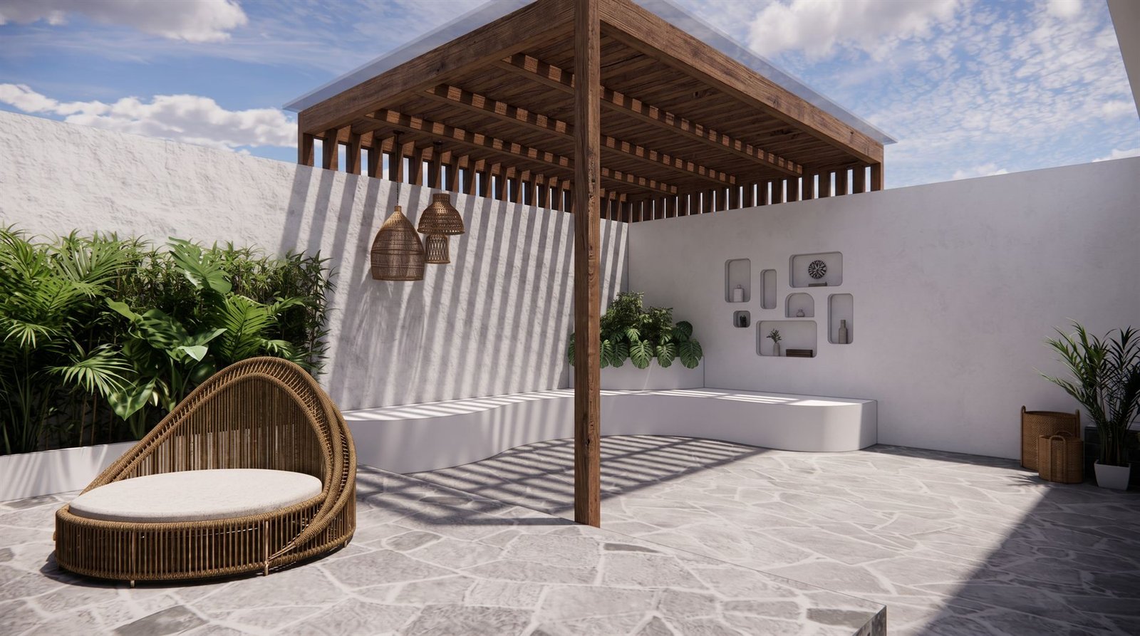 Concepção do pergolado com daybed redondo de fibra natural e nichos na parede