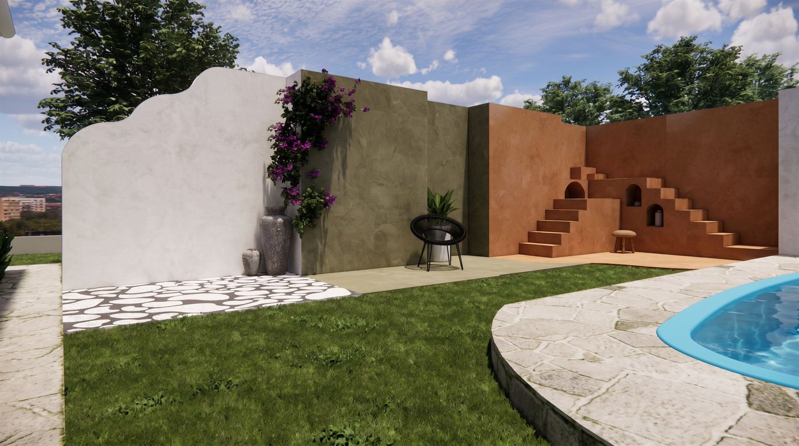 Concepção dos cenários do pátio em cores terracota e verde-oliva, com escada escultural e piscina