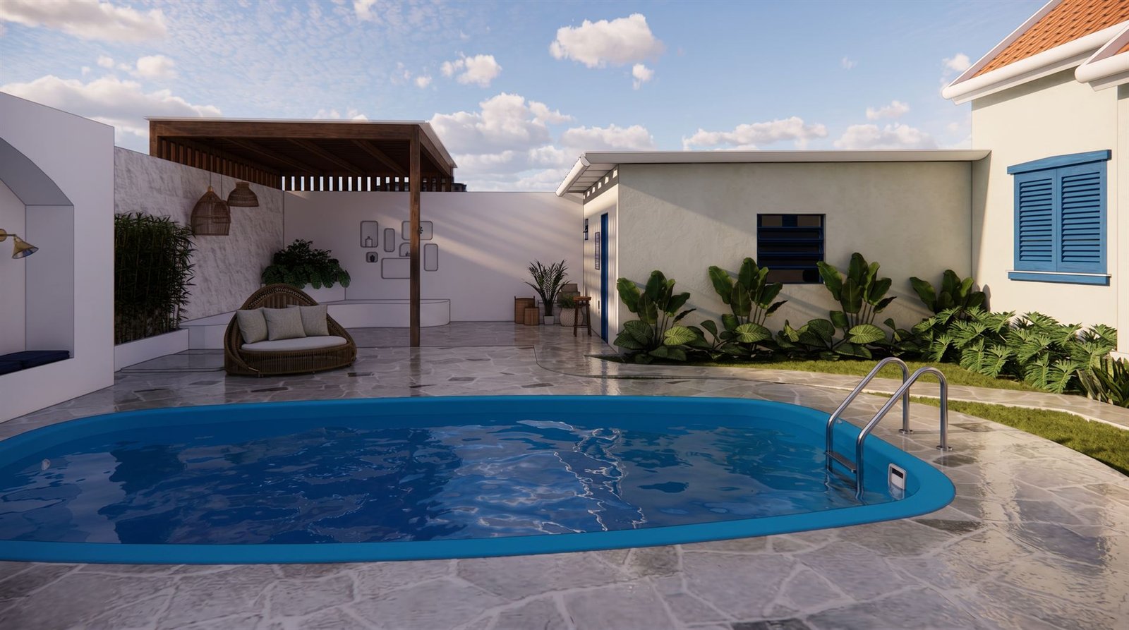 Concepção geral do pátio com piscina, pergolado e fachada da casa