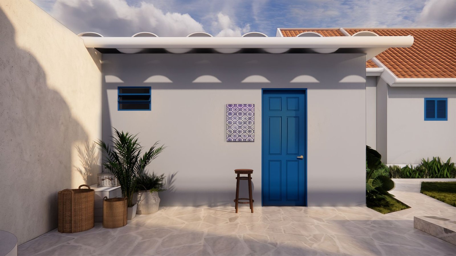 Concepção da porta azul e detalhes em azulejo, estética mediterrânea