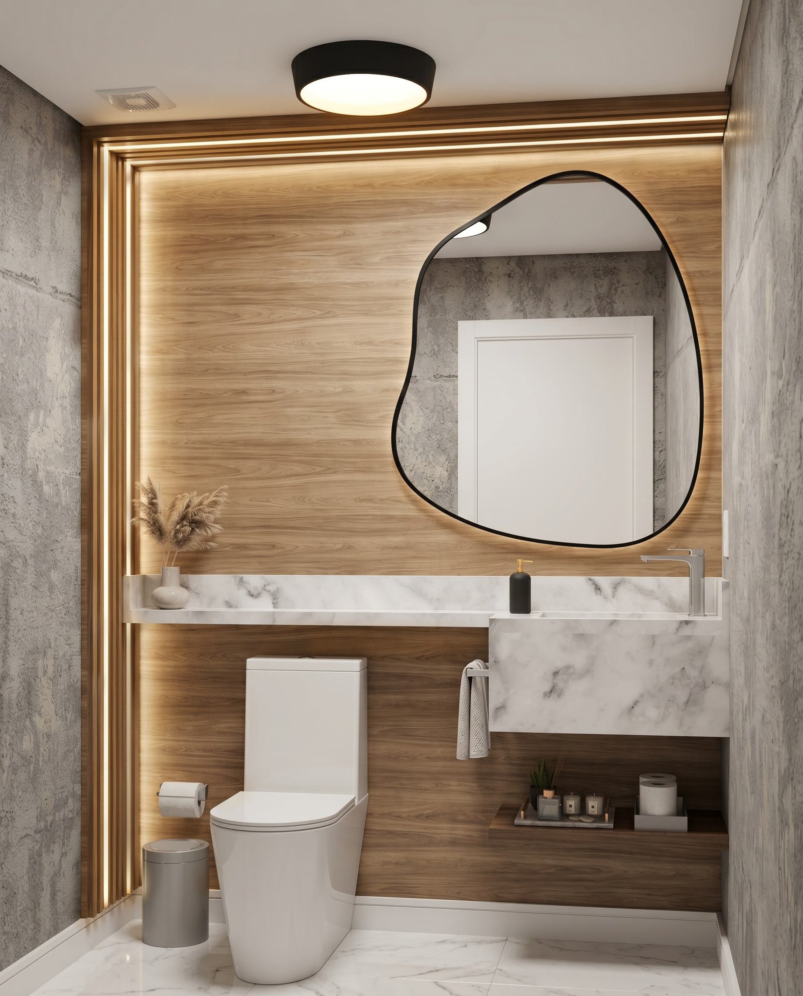 Render do lavabo: painel amadeirado, espelho orgânico e bancada em pedra clara
