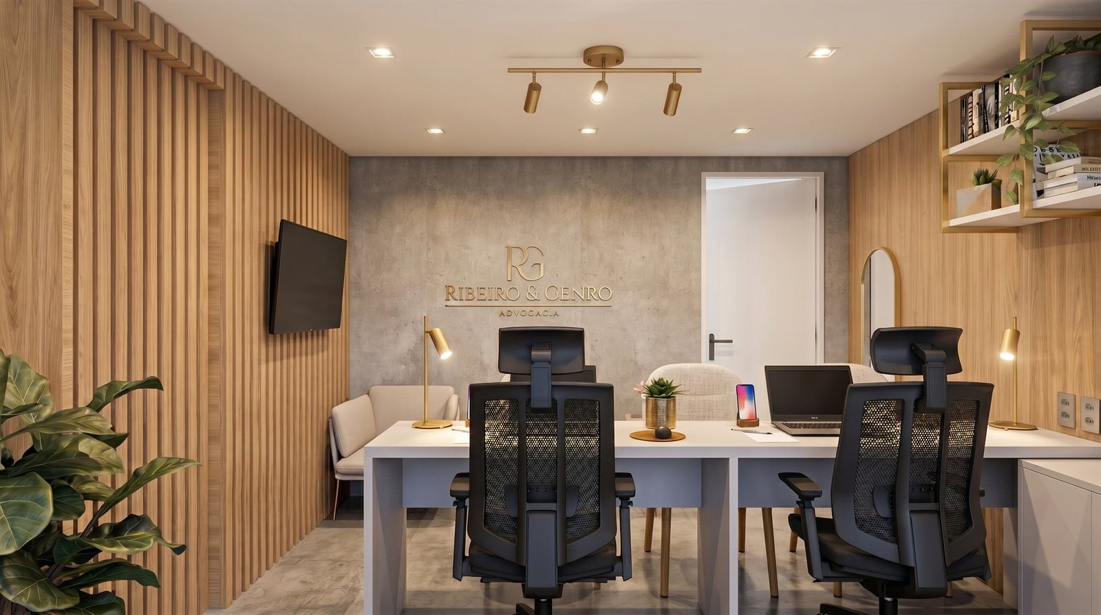 Render do escritório de advocacia — mesas, parede em concreto com logo Ribeiro & Genro