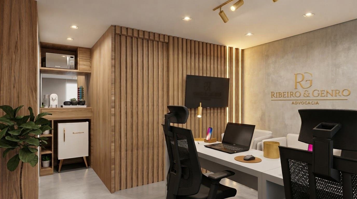 Render da divisória em marcenaria ripada com mini copa embutida