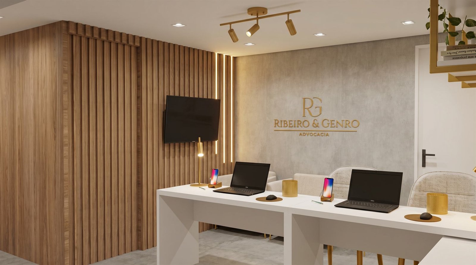 Render da área de espera com poltronas e parede assinada Ribeiro & Genro
