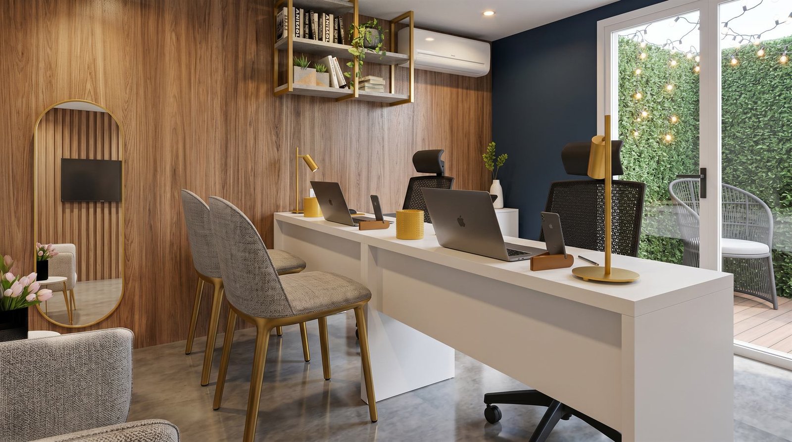 Render do DG Studio, mesa de trabalho junto à janela para o jardim