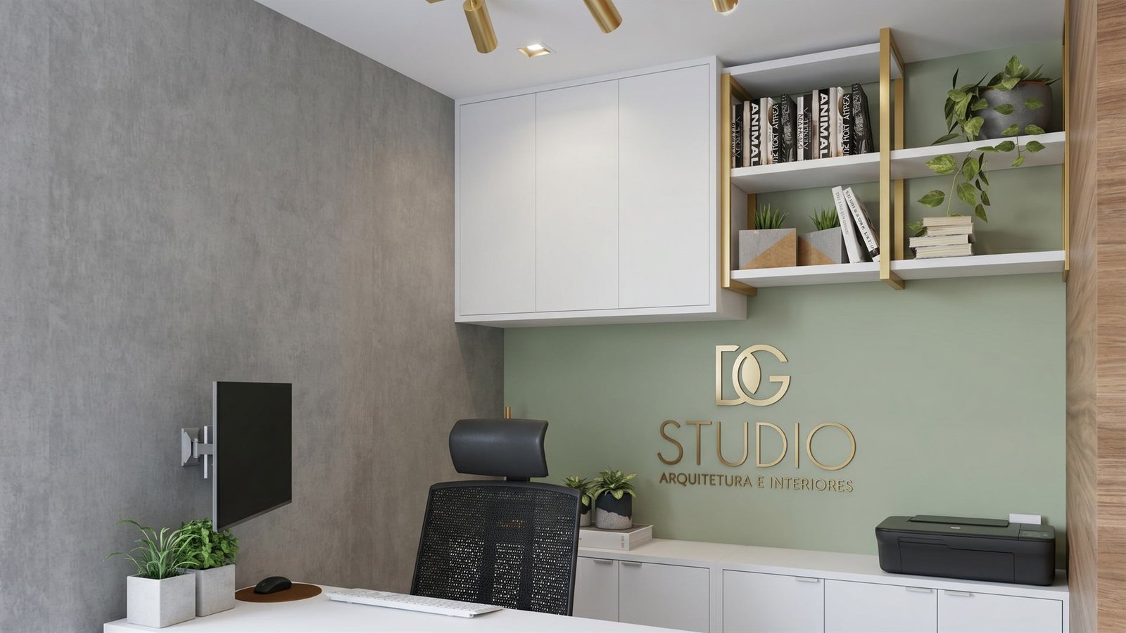 Render da parede assinada DG Studio, arquitetura e interiores