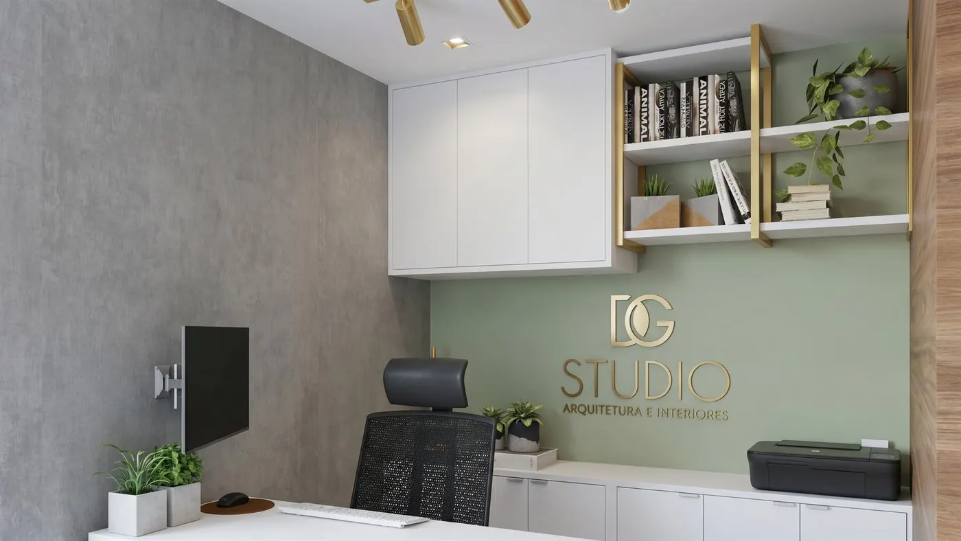 Render da parede assinada DG Studio, arquitetura e interiores