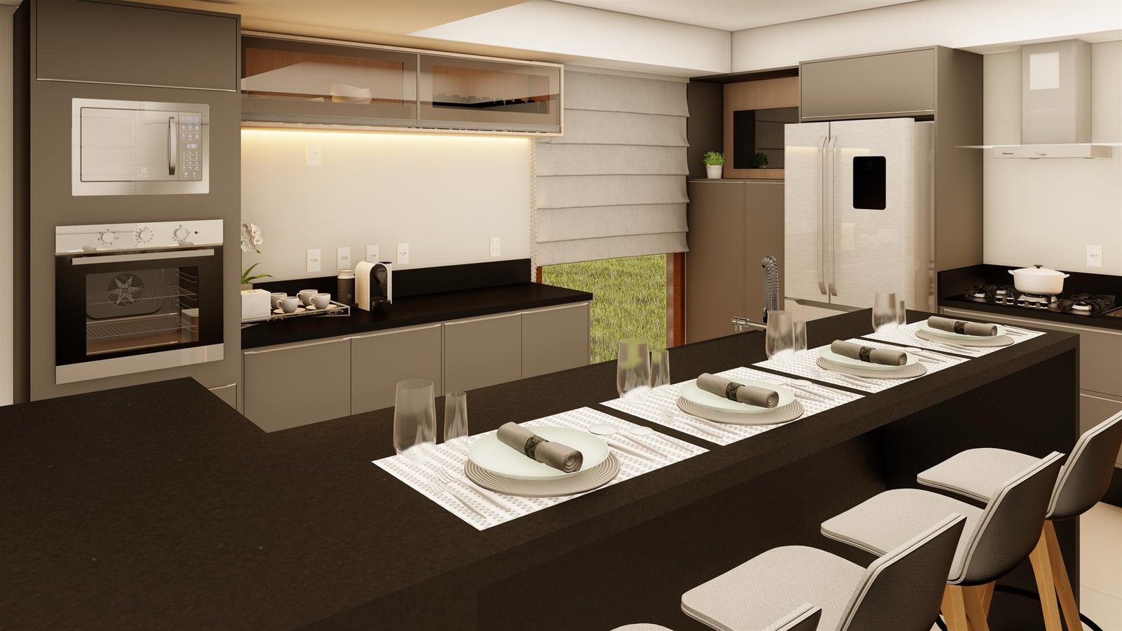 Render da cozinha, ilha com bancada em pedra escura e mesa posta
