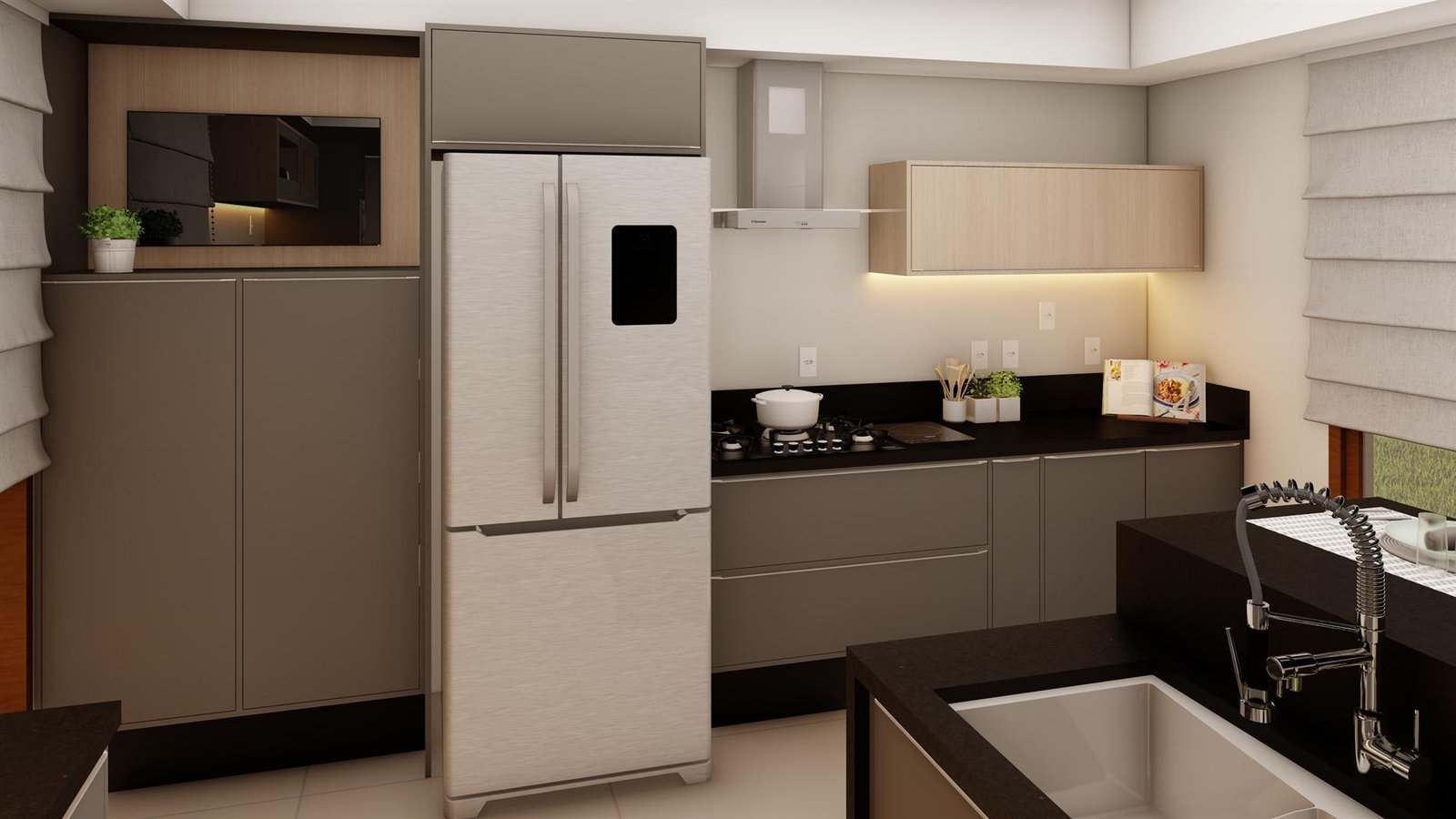 Render da parede de eletrodomésticos, geladeira e coifa integradas à marcenaria