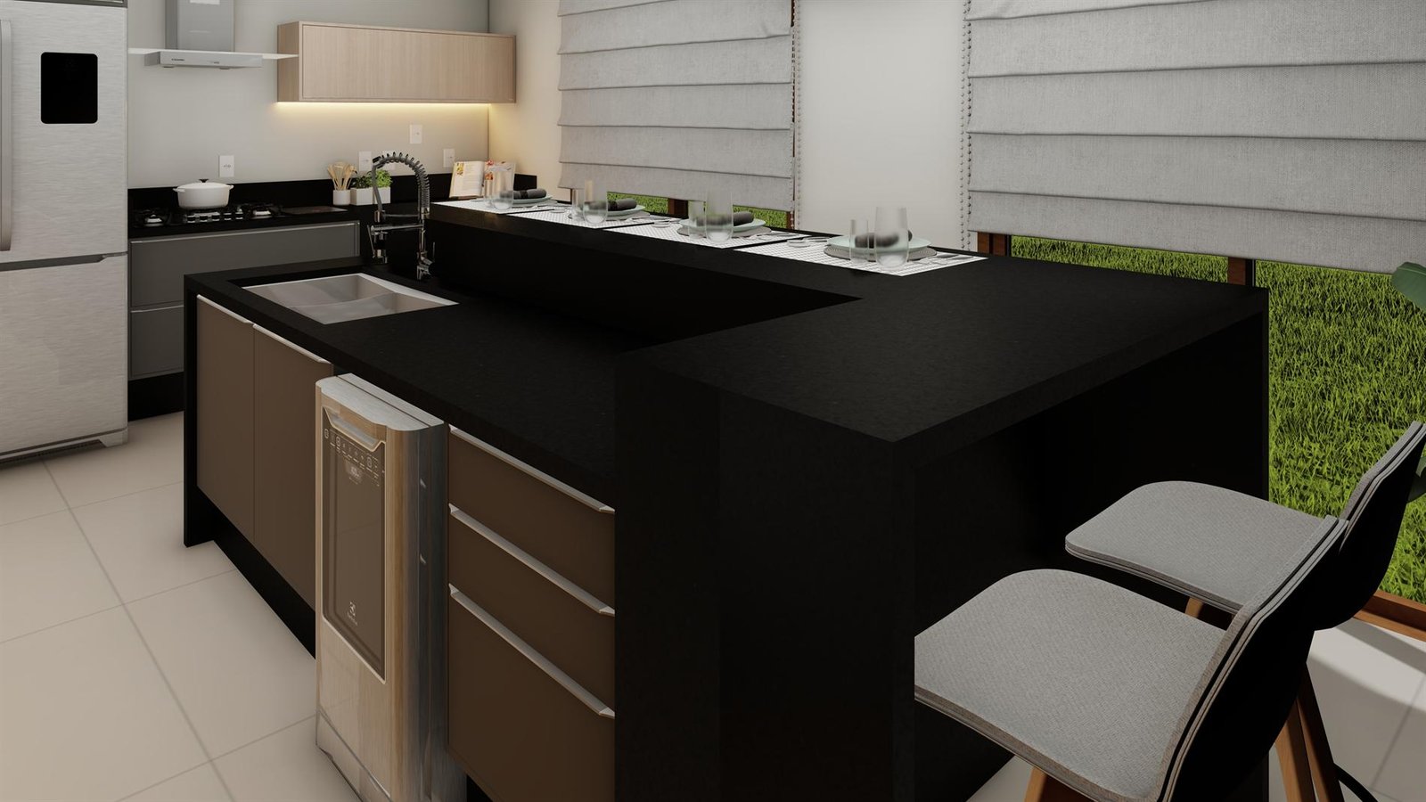 Render da ilha da cozinha com cuba, torneira gourmet e bancos