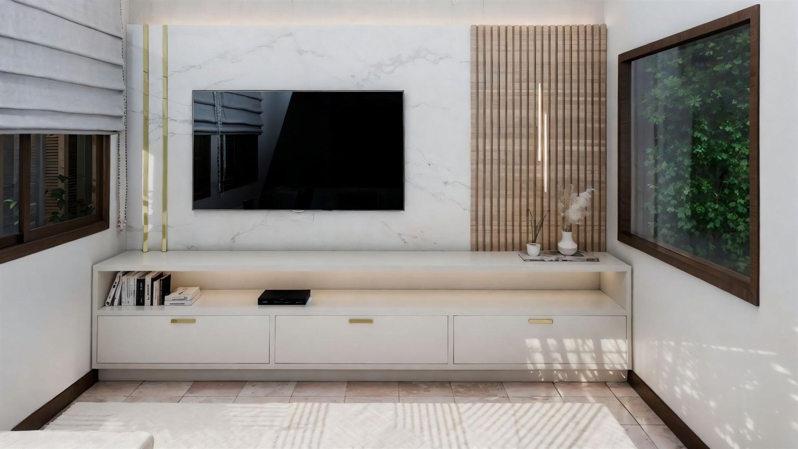 Render do painel de TV em mármore com ripado de madeira e detalhes em latão