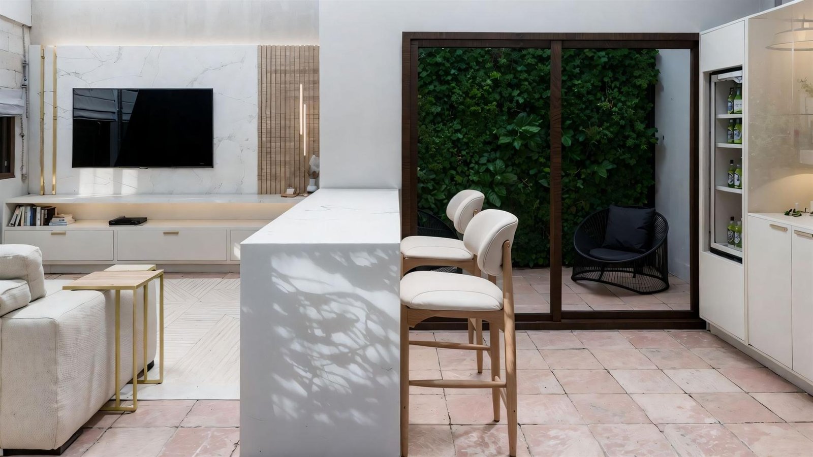 Render do cantinho de bar com adega e vista para o jardim vertical