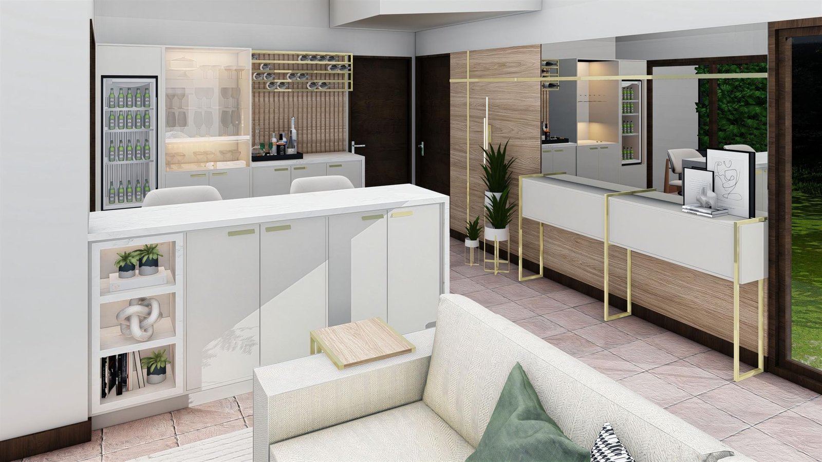 Render da cristaleira com adega, taças e detalhes em latão