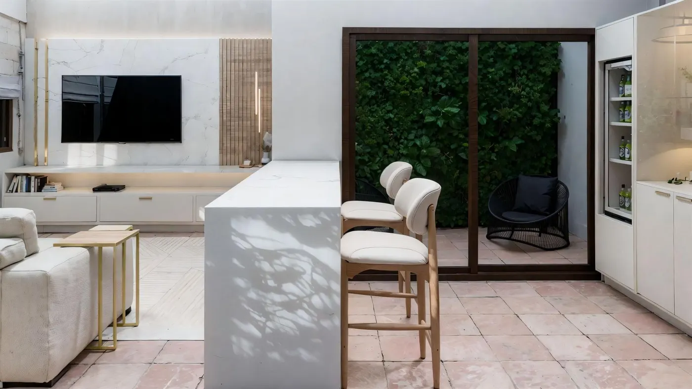 Render do cantinho de bar com adega e vista para o jardim vertical
